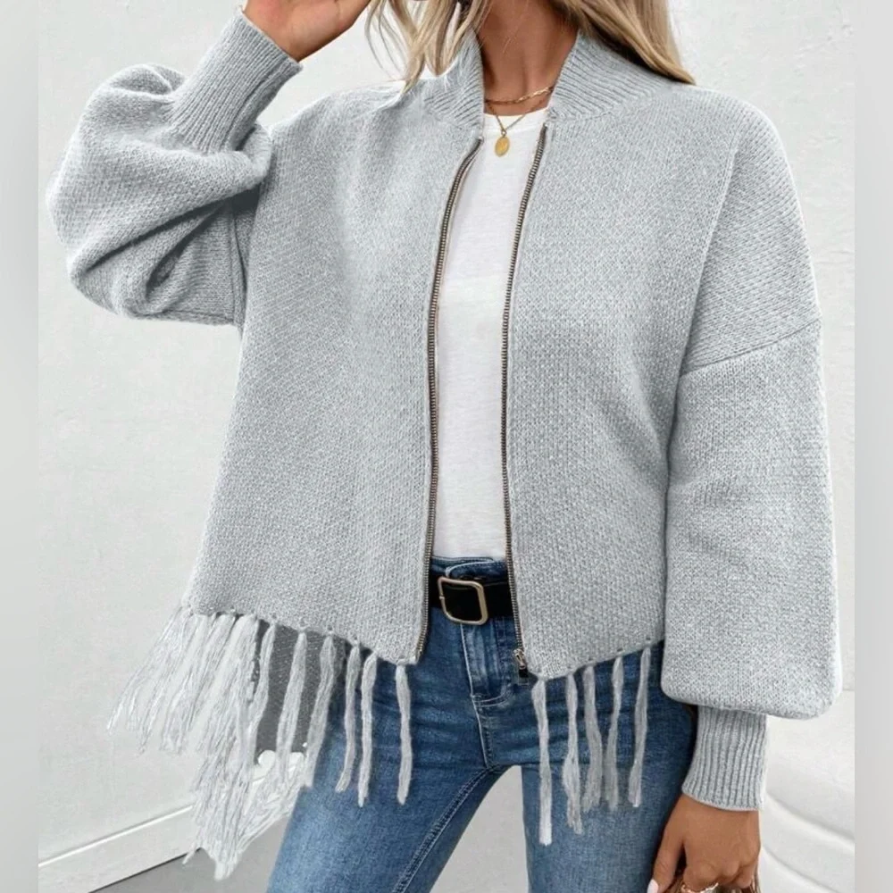 Women's Gray Fringe Sweater
